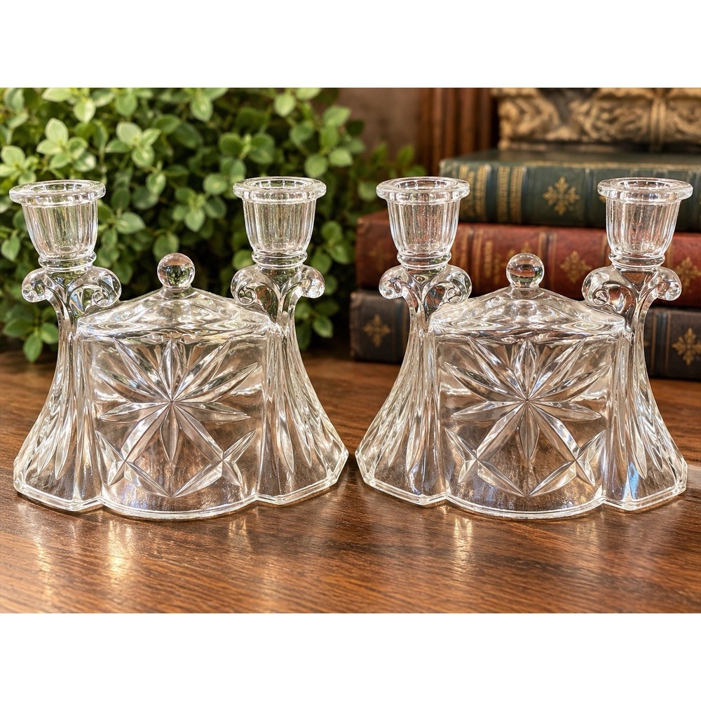 Anchor Hocking Prescut Clear Double Light Candlestick Holders Pair